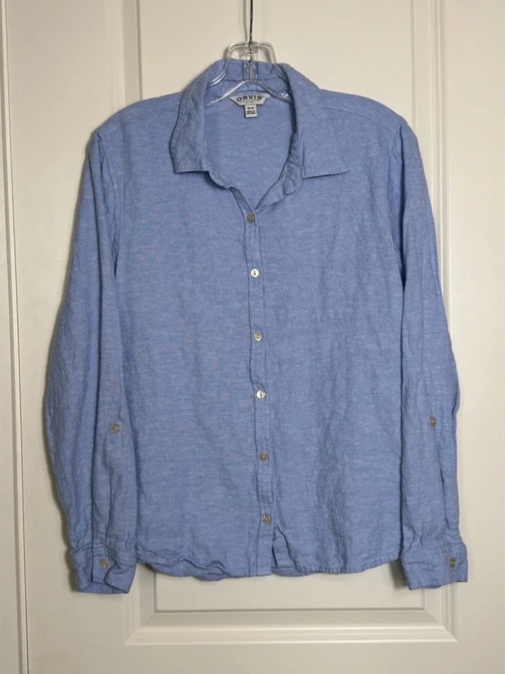 ORVIS Classic Blue Linen Blend Long Sleeve Button Down Shirt